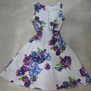 Floral Sleeveless Dress - White with Purple and Blue Accents